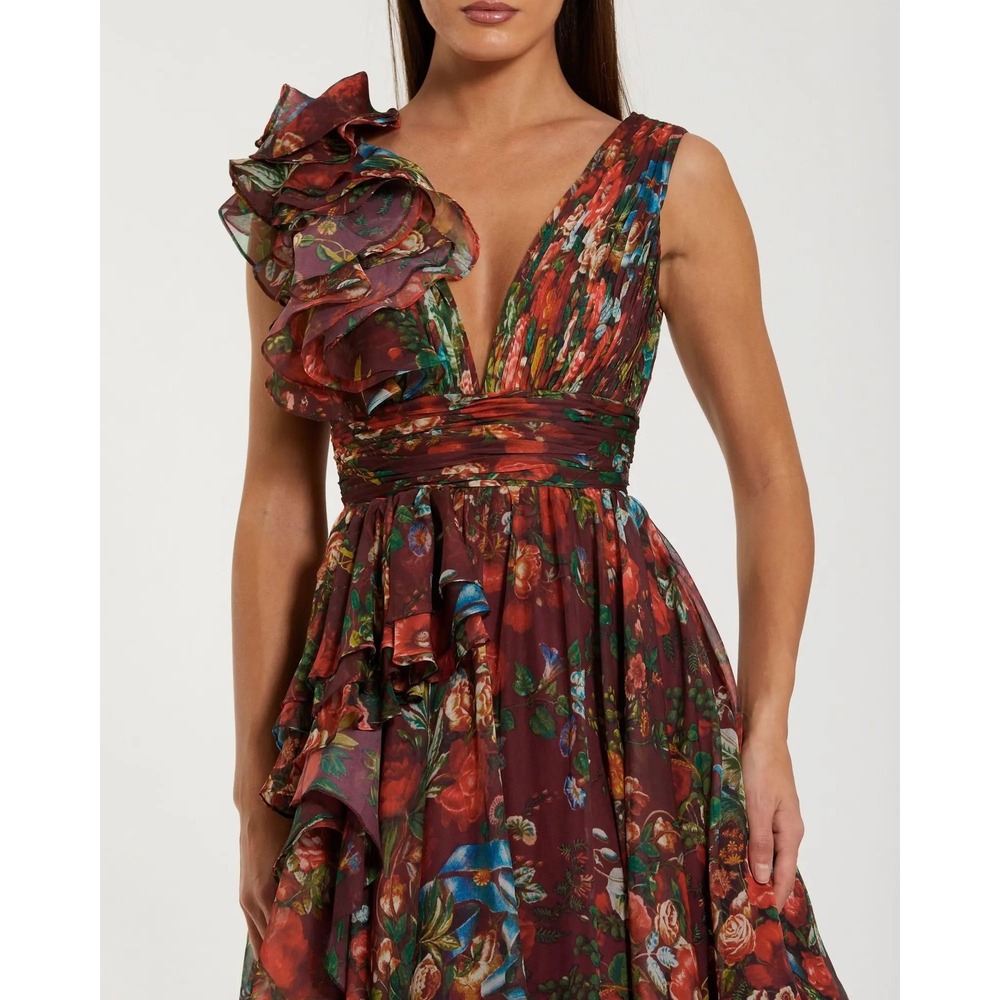 Mac Duggal Wine Sleeveless V-Neck Floral Chiffon Ruffle Ball Gown - Size 6 - Picture 8 of 14